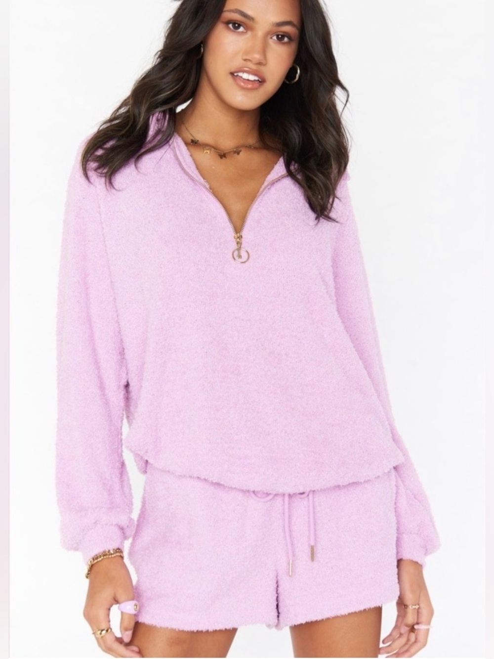 Show Me Your MuMu Sadle Set, Purple Pink Knit Plush Half-Zip Top & Shorts Set XS